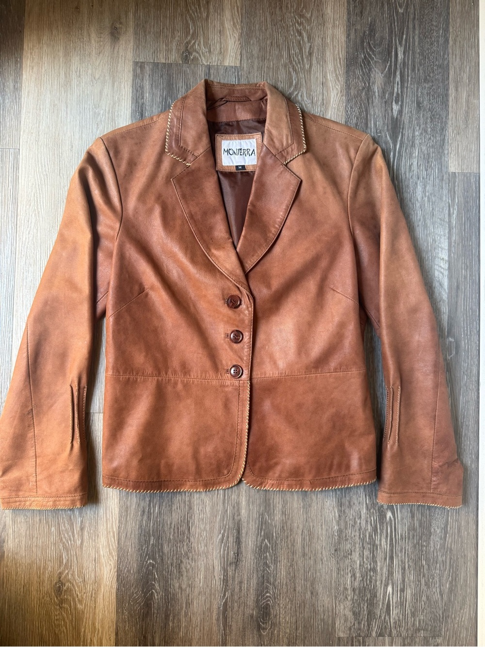 Vintage Y2K Womens Tan Brown Leather Blazer Jacket Medium